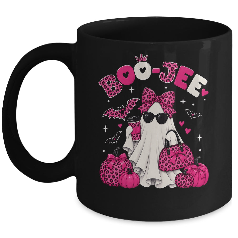 Boo-Jee Cute Ghost Halloween Leopard Bow Spooky Season Mug | teecentury