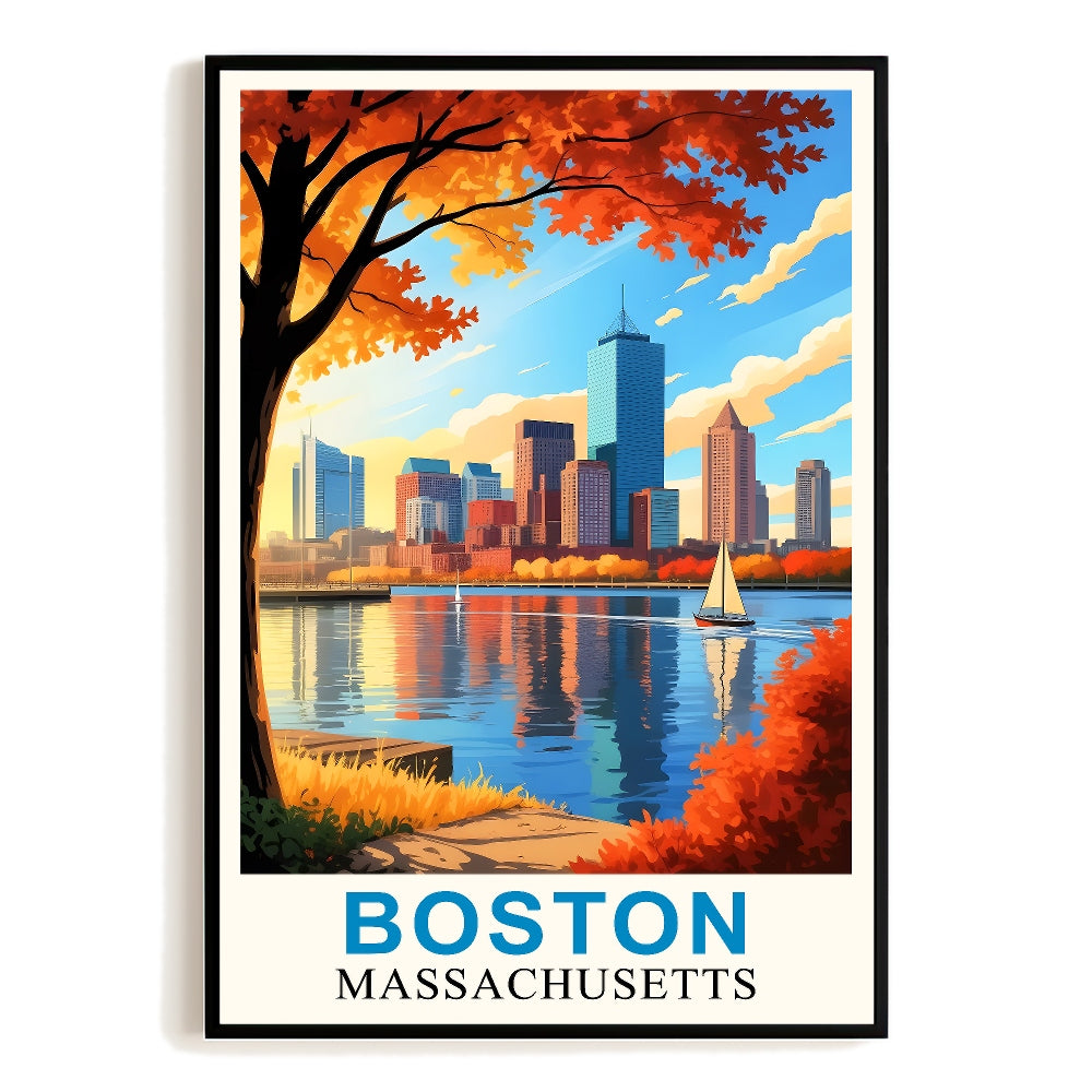 Boston Massachusetts Vintage Poster Cityscape With Fall Autumn Travel Enthusiasts Wall Art Landscape Painting Print Ideal For Home Office Living Room Decor Unframed | teecentury