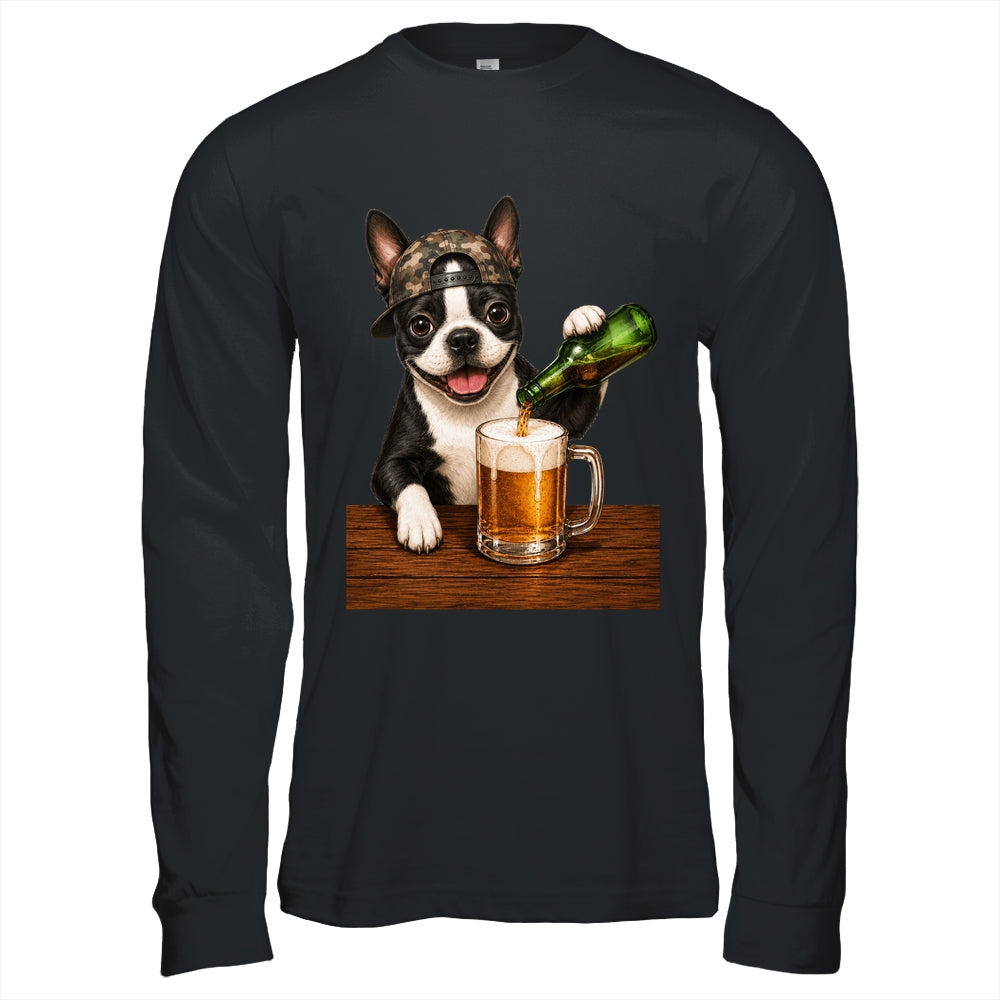 Boston Terrier Drinking Beer Funny Dog Mem Fathers Day Shirt & Hoodie | teecentury