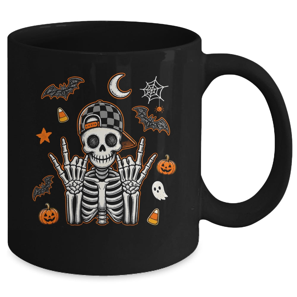 Boy Skeleton Halloween Retro Checkered Spooky Season Kids Mug | teecentury