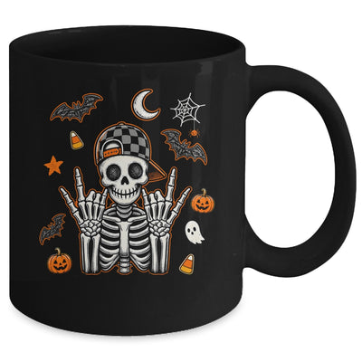Boy Skeleton Halloween Retro Checkered Spooky Season Kids Mug | teecentury