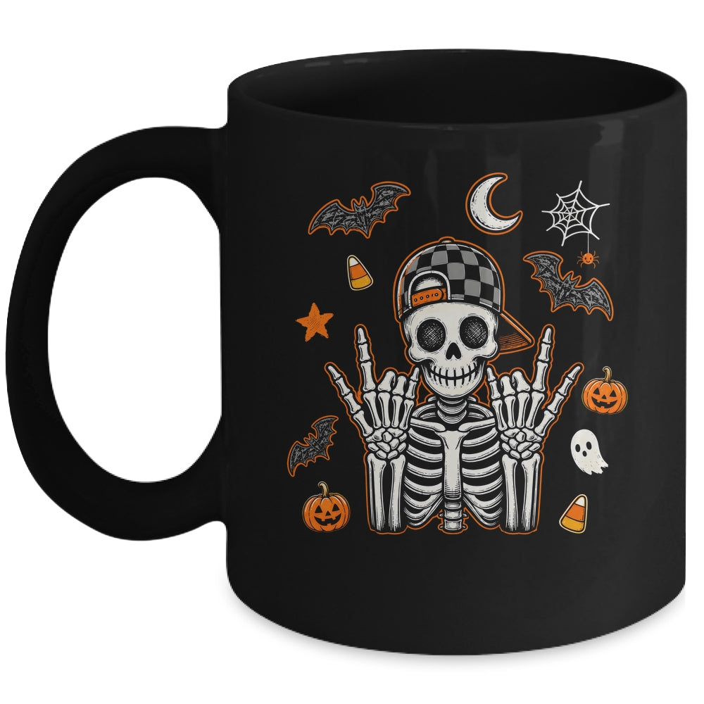 Boy Skeleton Halloween Retro Checkered Spooky Season Kids Mug | teecentury