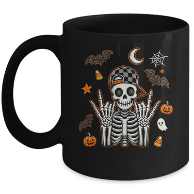 Boy Skeleton Halloween Retro Checkered Spooky Season Kids Mug | teecentury