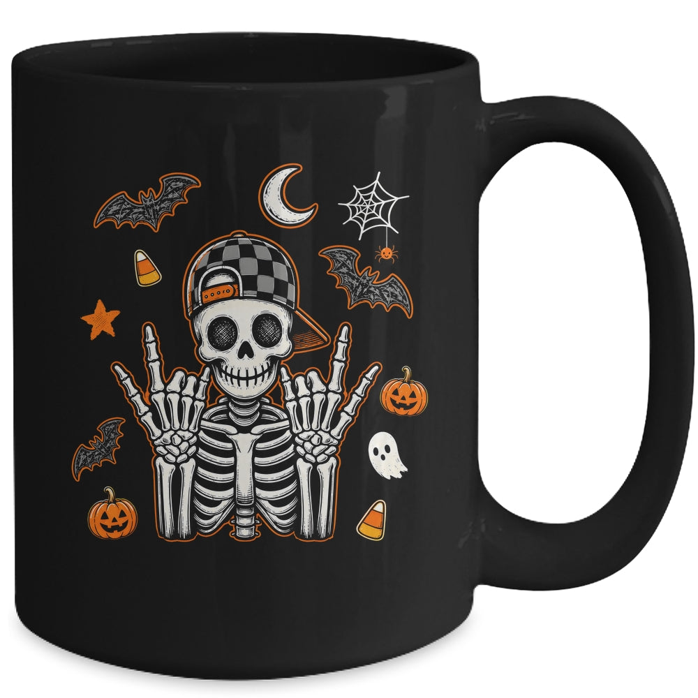 Boy Skeleton Halloween Retro Checkered Spooky Season Kids Mug | teecentury