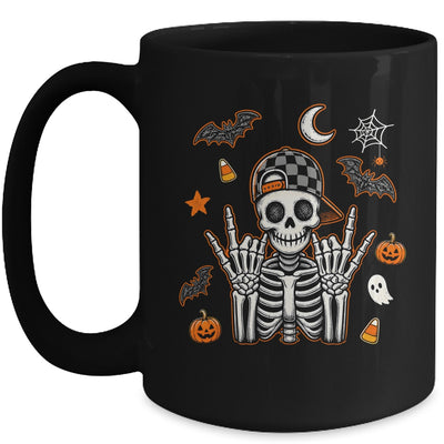 Boy Skeleton Halloween Retro Checkered Spooky Season Kids Mug | teecentury
