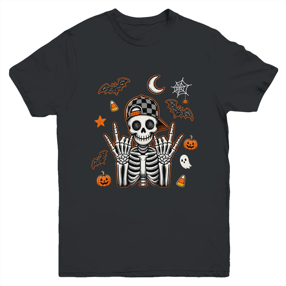 Boy Skeleton Halloween Retro Checkered Spooky Season Kids Youth Shirt | teecentury