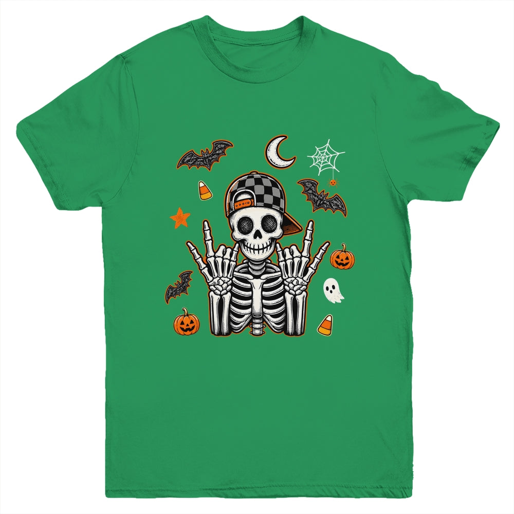 Boy Skeleton Halloween Retro Checkered Spooky Season Kids Youth Shirt | teecentury