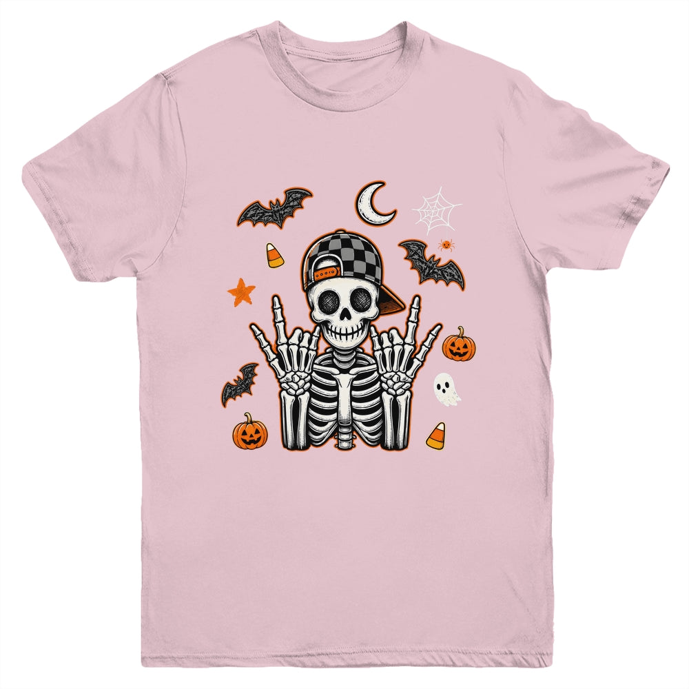 Boy Skeleton Halloween Retro Checkered Spooky Season Kids Youth Shirt | teecentury