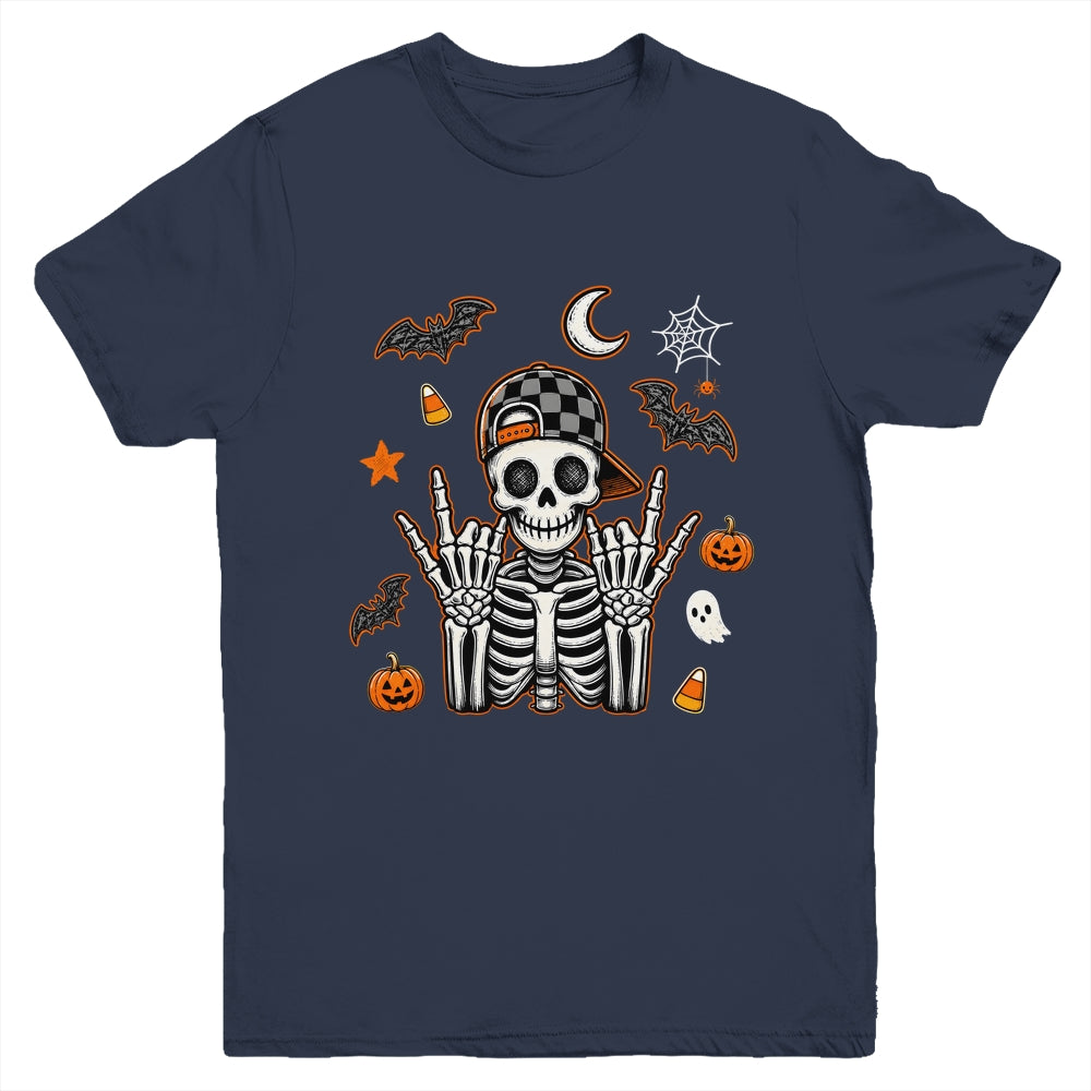 Boy Skeleton Halloween Retro Checkered Spooky Season Kids Youth Shirt | teecentury