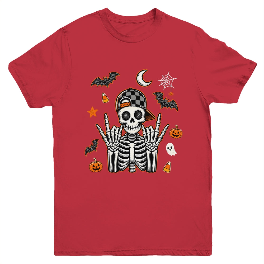 Boy Skeleton Halloween Retro Checkered Spooky Season Kids Youth Shirt | teecentury