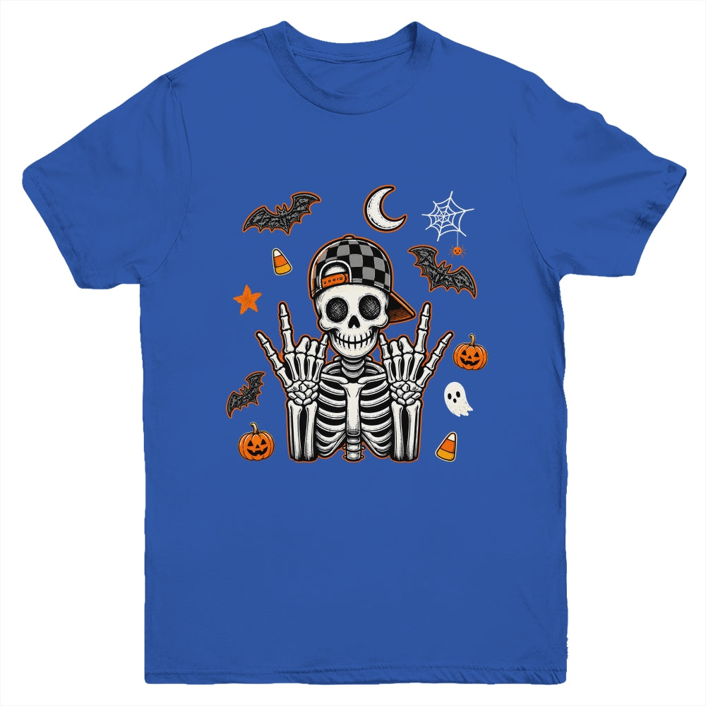 Boy Skeleton Halloween Retro Checkered Spooky Season Kids Youth Shirt | teecentury