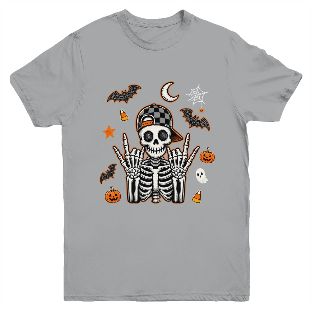 Boy Skeleton Halloween Retro Checkered Spooky Season Kids Youth Shirt | teecentury