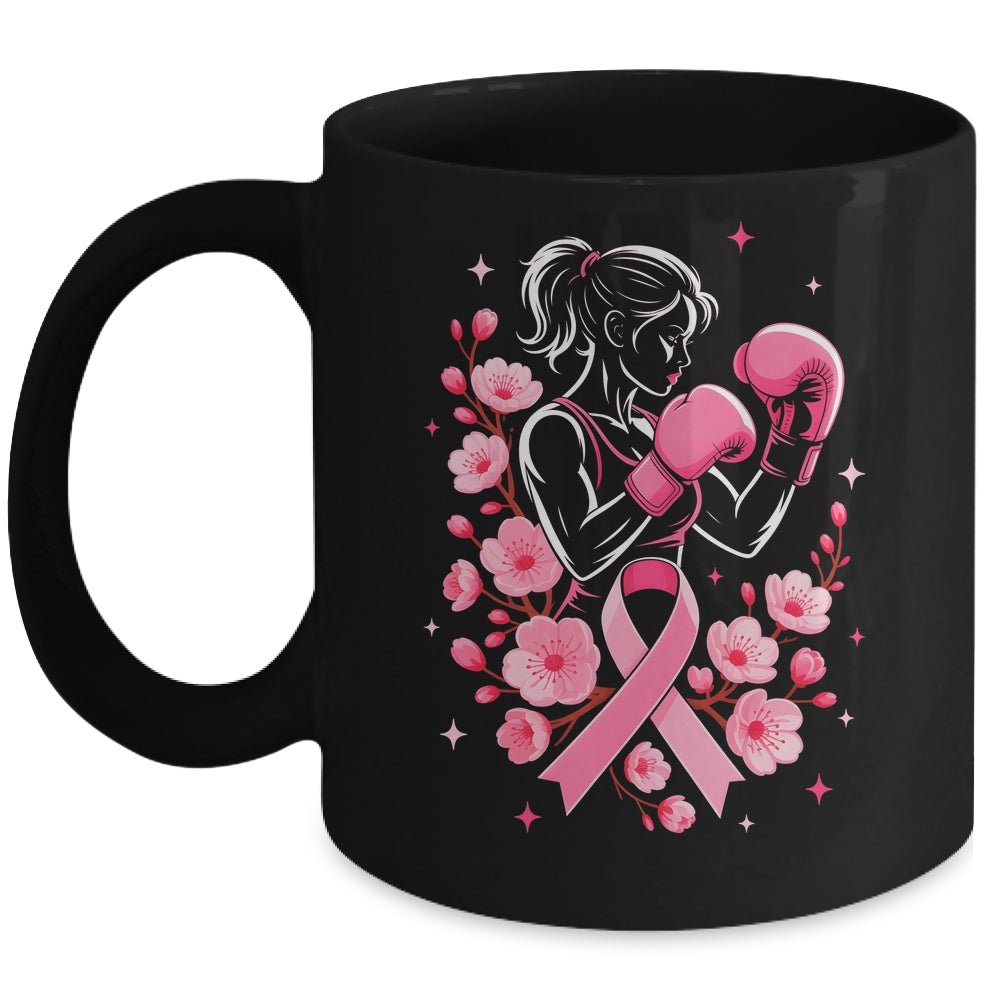 Breast Cancer Awareness Boxing Women Pink Ribbon Flower Mug | teecentury