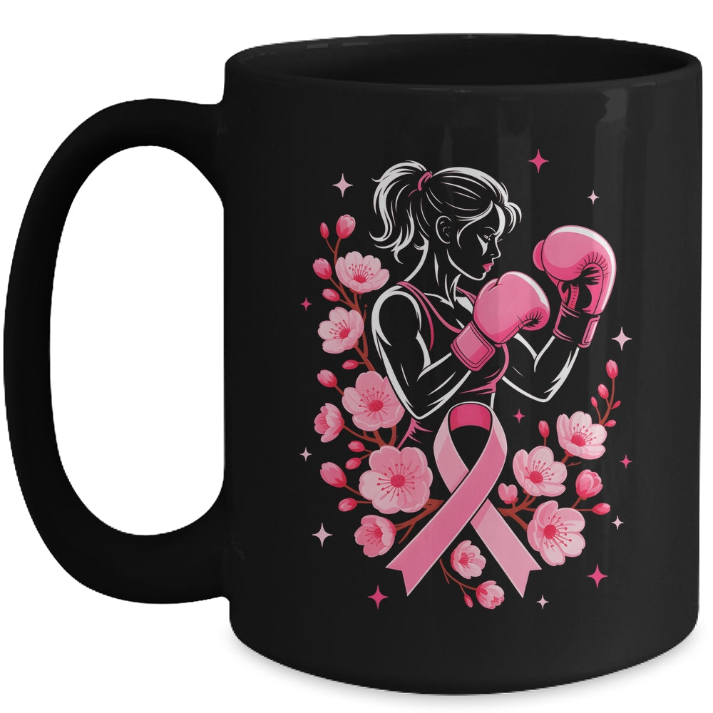 Breast Cancer Awareness Boxing Women Pink Ribbon Flower Mug | teecentury