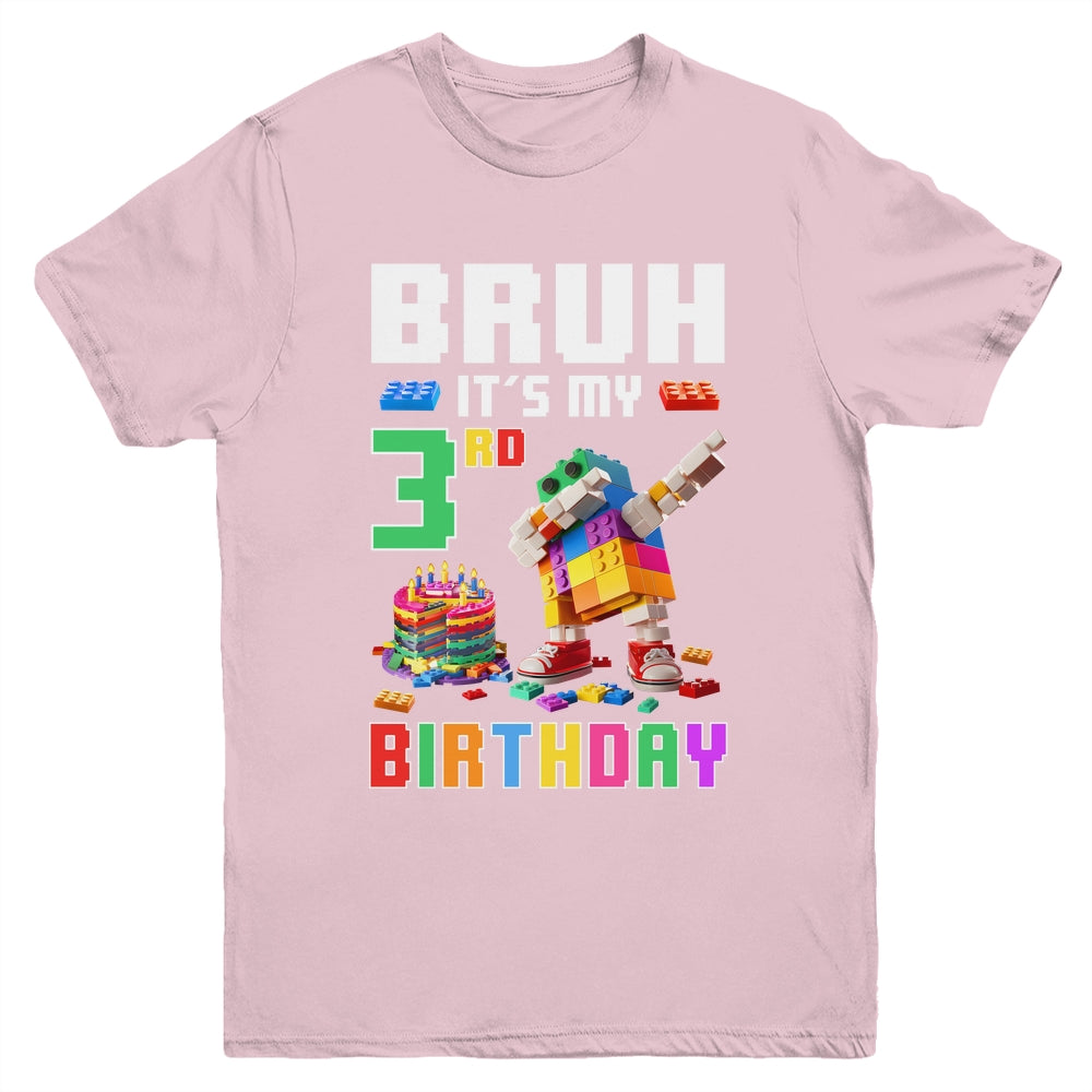 Bruh Its My 3rd Birthday Master Builder Dabbing Block Brick Youth Shirt | teecentury
