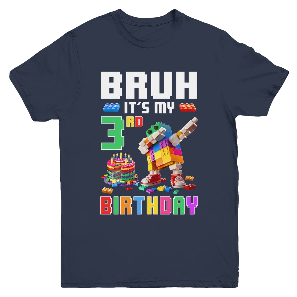 Bruh Its My 3rd Birthday Master Builder Dabbing Block Brick Youth Shirt | teecentury