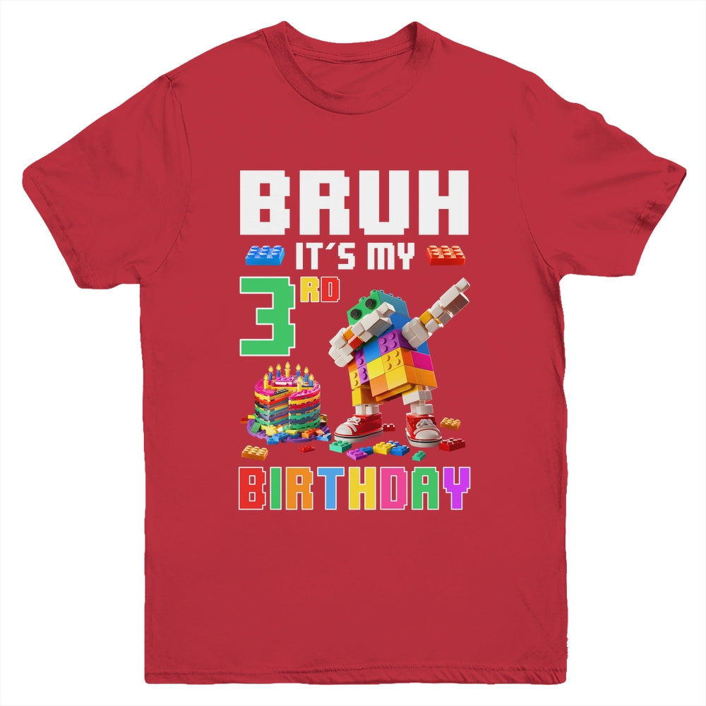 Bruh Its My 3rd Birthday Master Builder Dabbing Block Brick Youth Shirt | teecentury