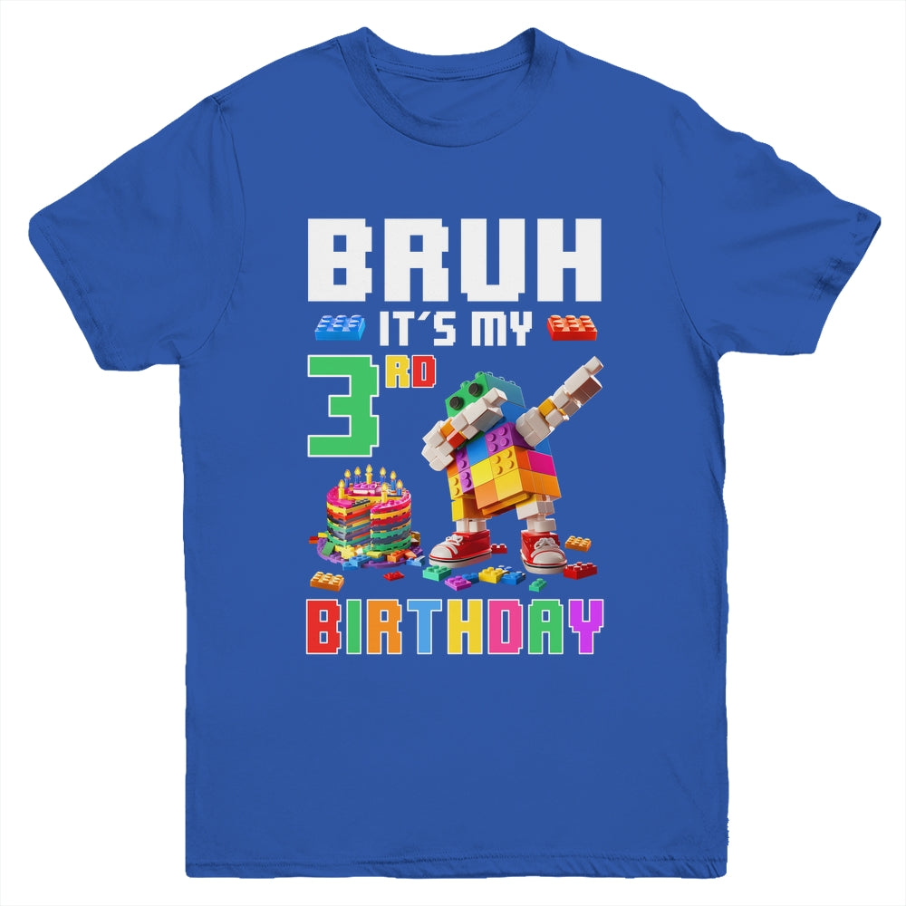 Bruh Its My 3rd Birthday Master Builder Dabbing Block Brick Youth Shirt | teecentury