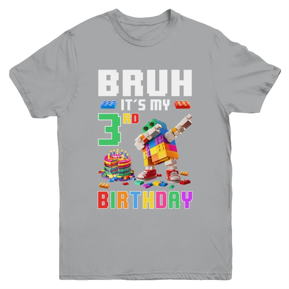 Bruh Its My 3rd Birthday Master Builder Dabbing Block Brick Youth Shirt | teecentury