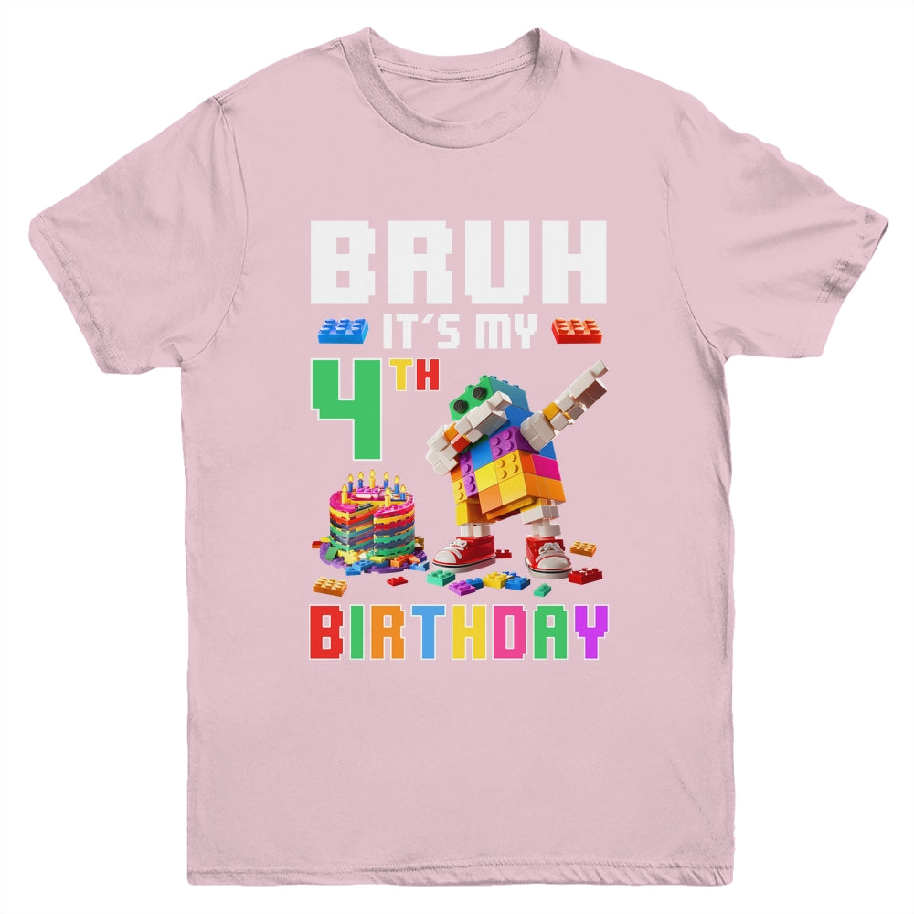 Bruh Its My 4th Birthday Master Builder Dabbing Block Brick Youth Shirt | teecentury