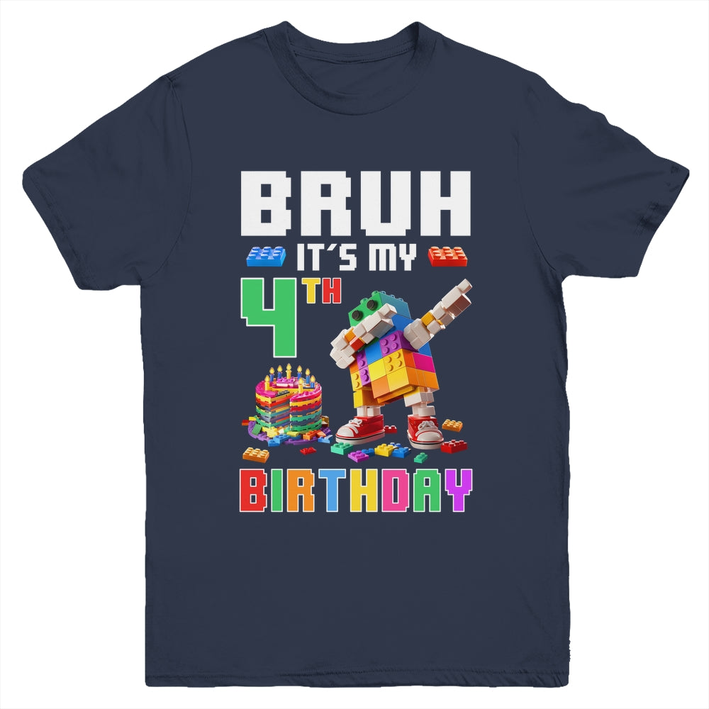 Bruh Its My 4th Birthday Master Builder Dabbing Block Brick Youth Shirt | teecentury