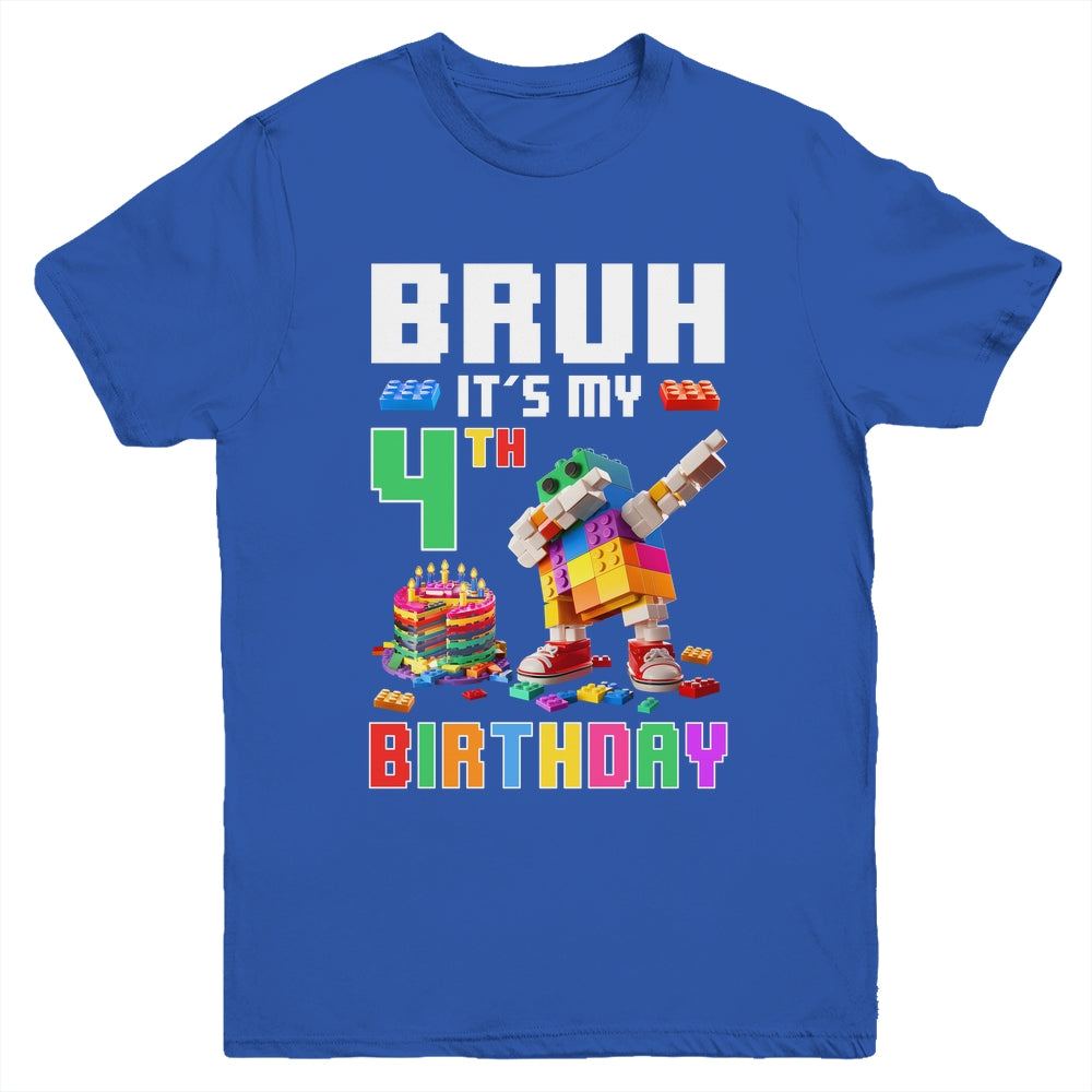 Bruh Its My 4th Birthday Master Builder Dabbing Block Brick Youth Shirt | teecentury