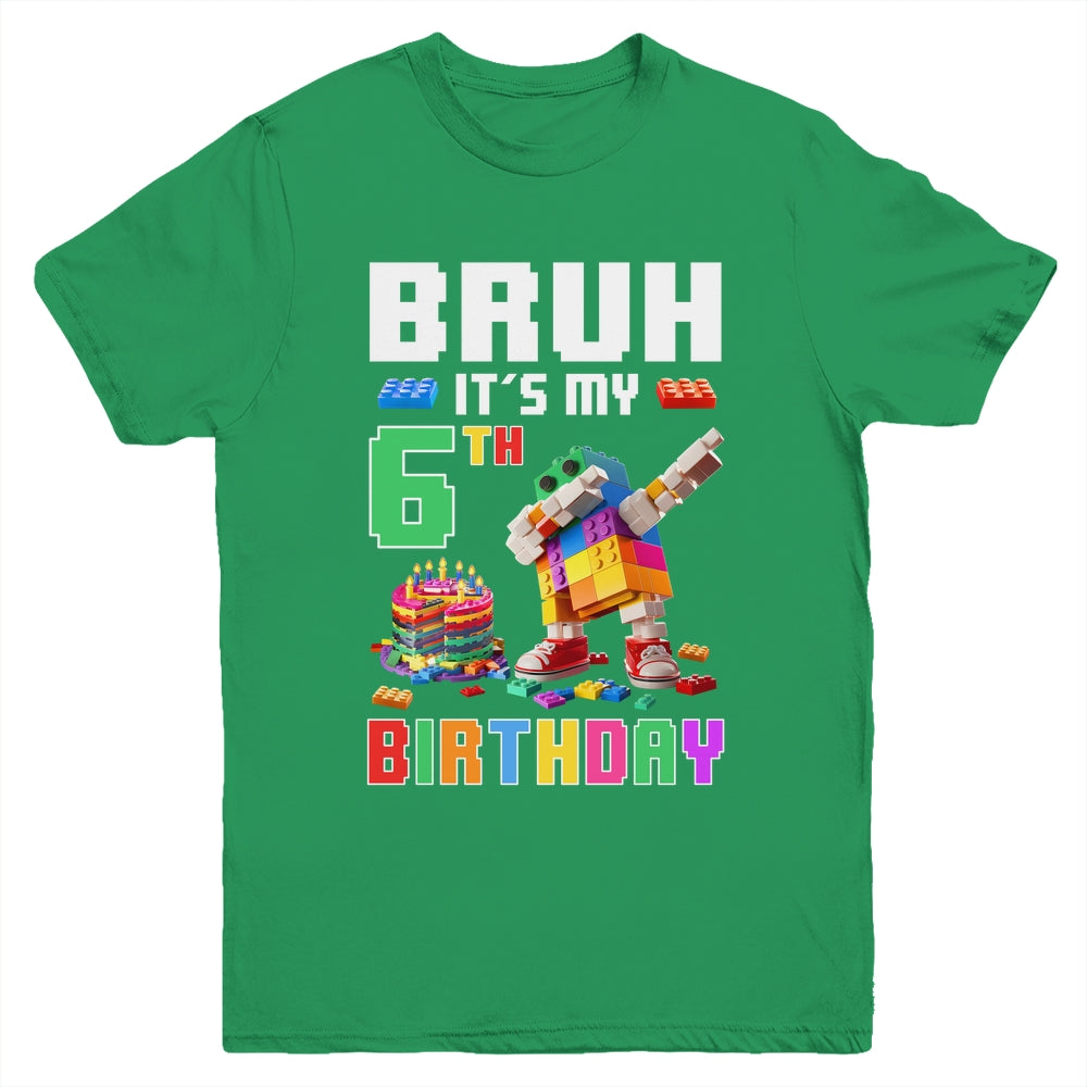Bruh Its My 6th Birthday Master Builder Dabbing Block Brick Youth Shirt | teecentury