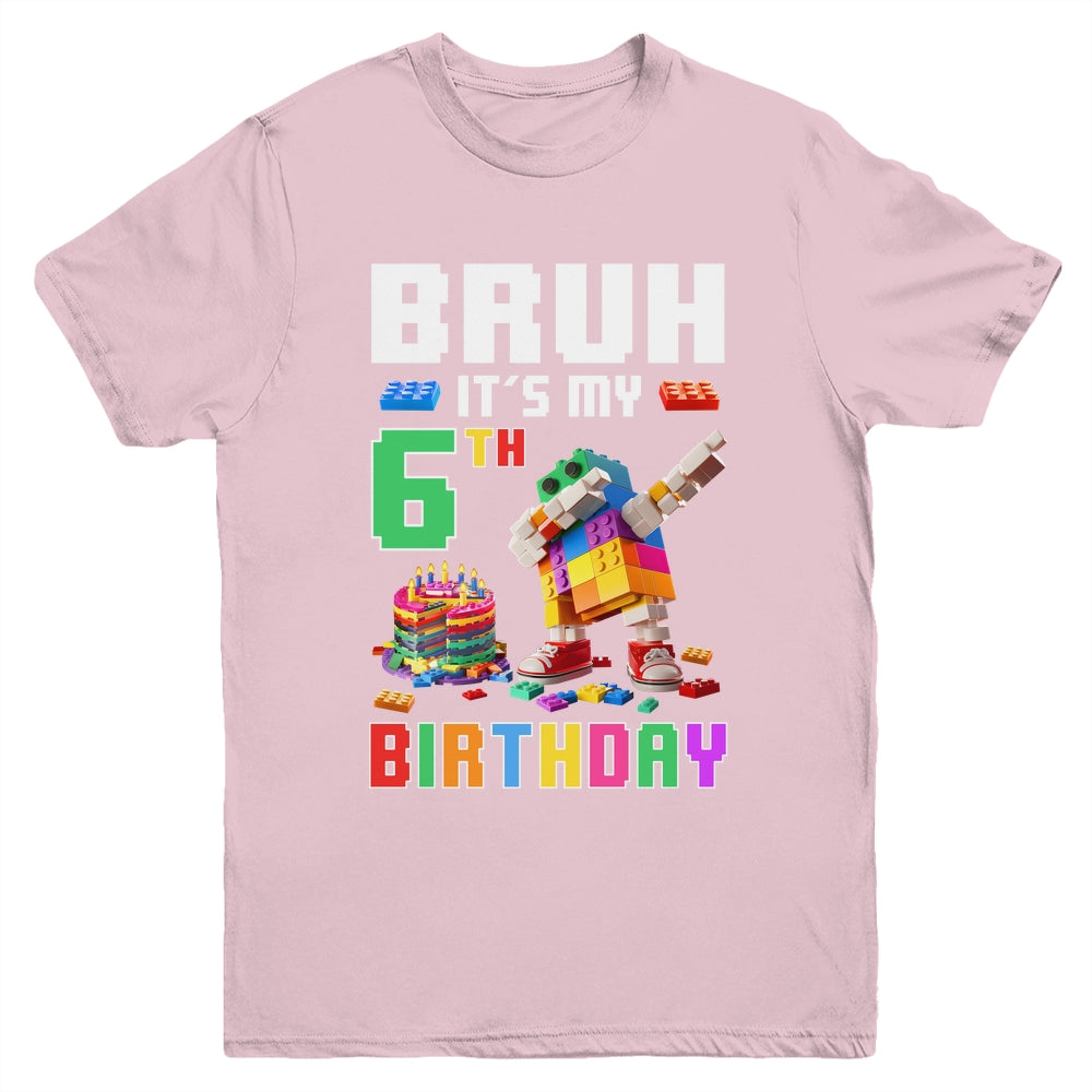 Bruh Its My 6th Birthday Master Builder Dabbing Block Brick Youth Shirt | teecentury