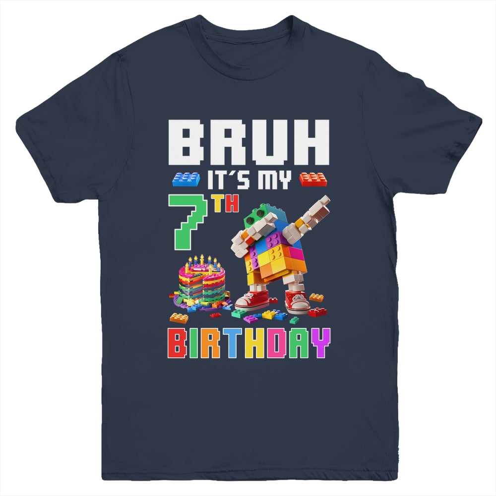 Bruh Its My 7th Birthday Master Builder Dabbing Block Brick Youth Shirt | teecentury