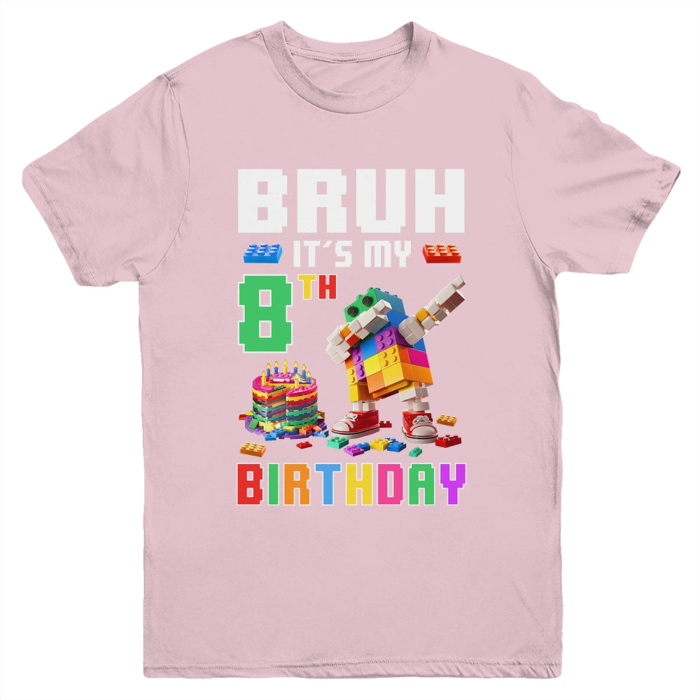 Bruh Its My 8th Birthday Master Builder Dabbing Block Brick Youth Shirt | teecentury