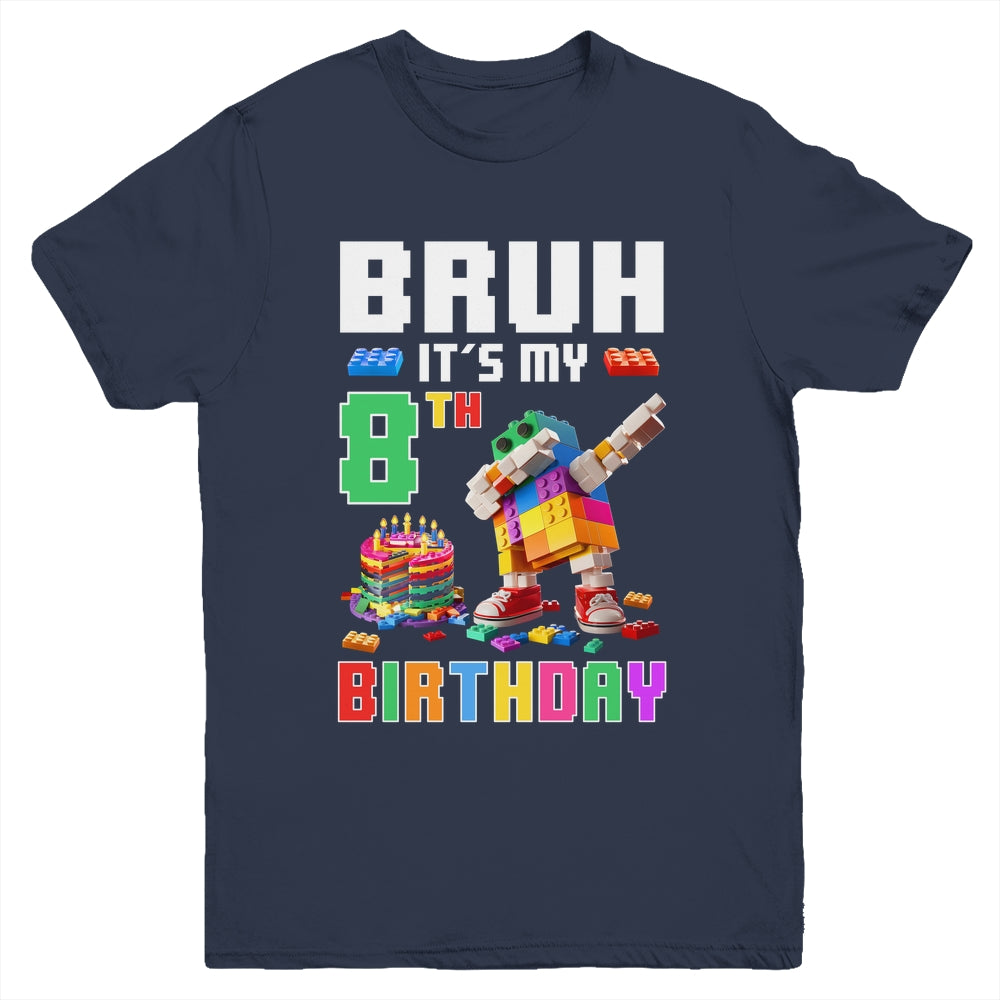 Bruh Its My 8th Birthday Master Builder Dabbing Block Brick Youth Shirt | teecentury
