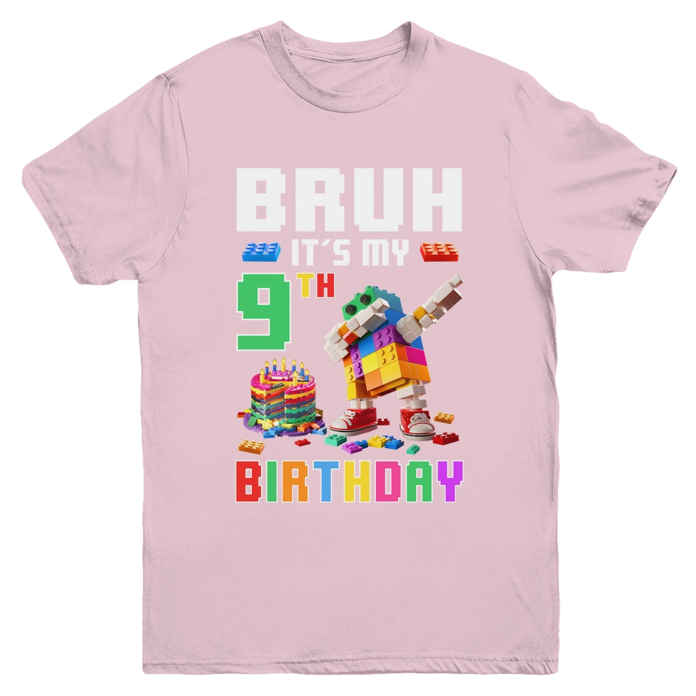 Bruh Its My 9th Birthday Master Builder Dabbing Block Brick Youth Shirt | teecentury