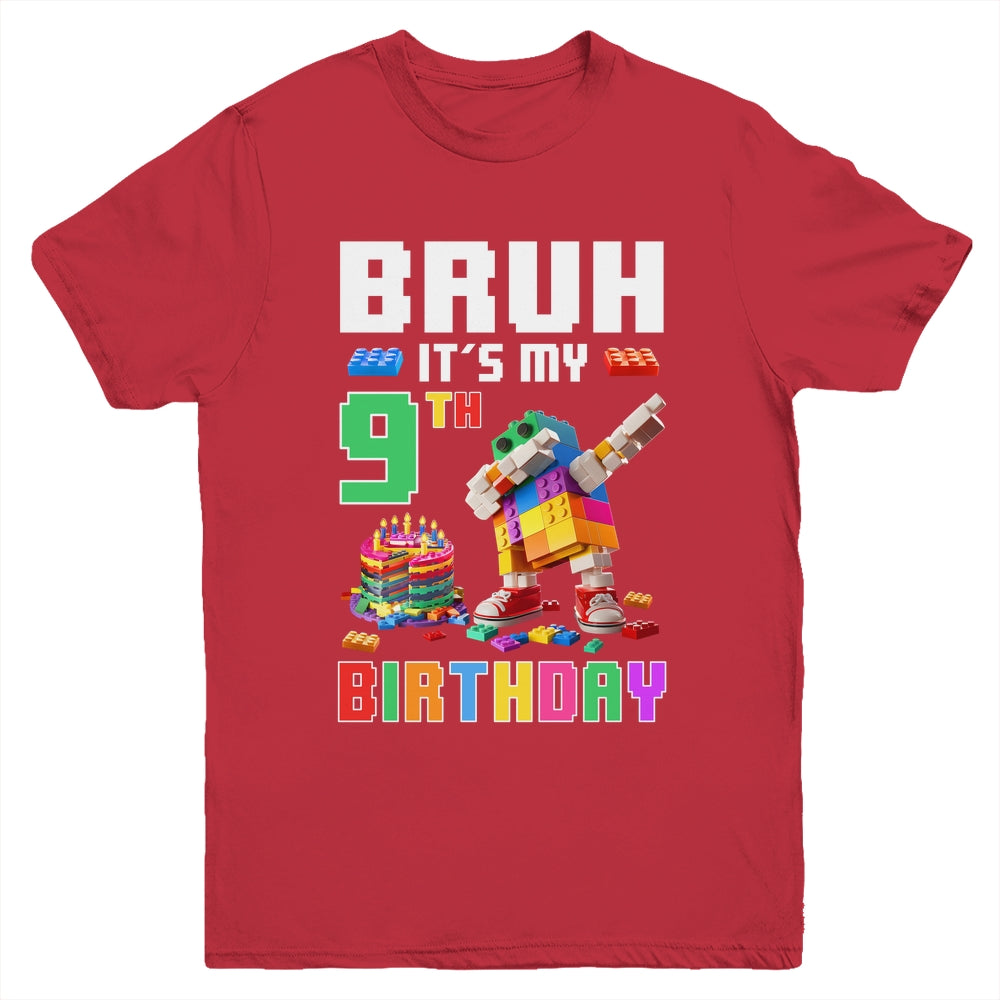 Bruh Its My 9th Birthday Master Builder Dabbing Block Brick Youth Shirt | teecentury