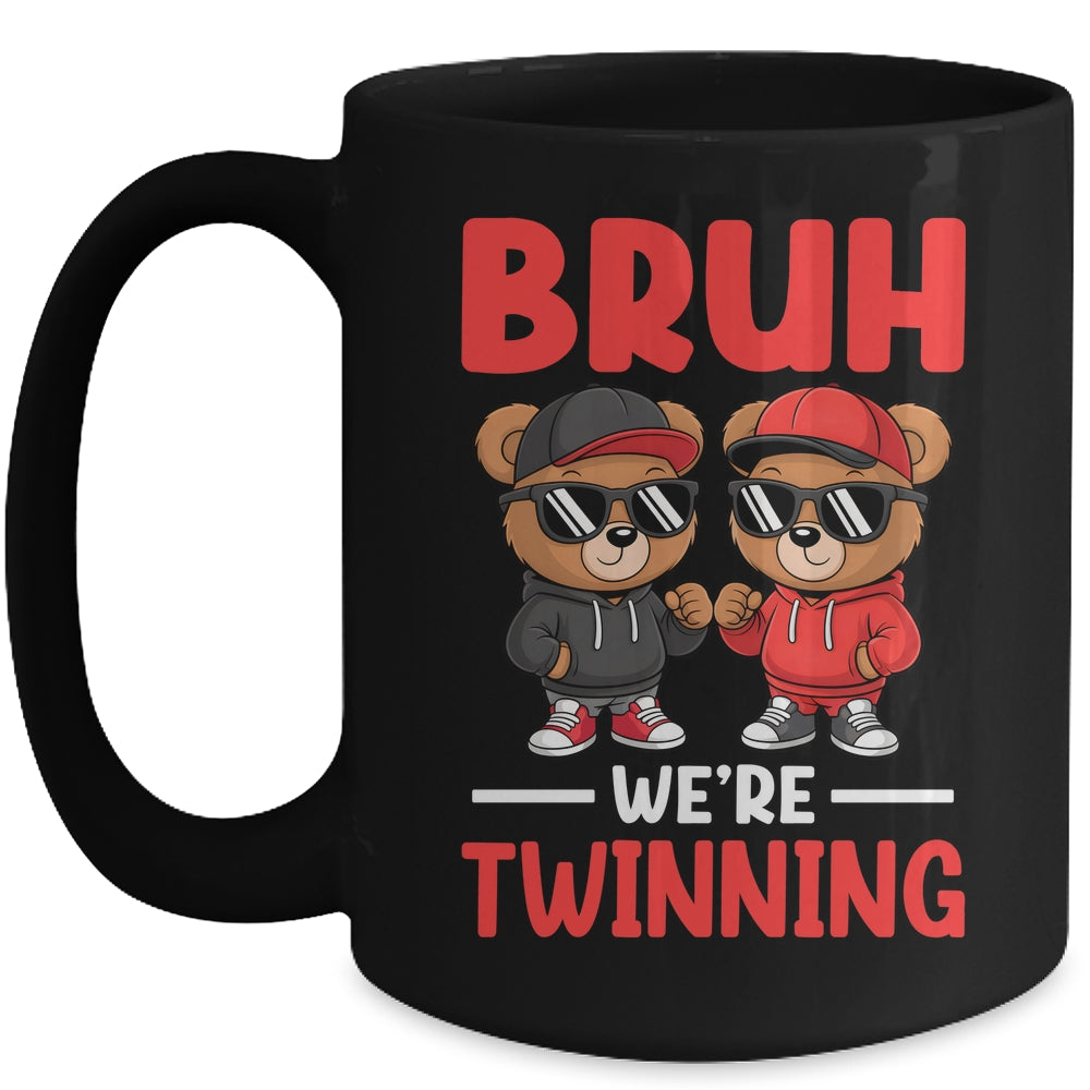 Bruh We're Twinning Boys Twin Day Spirit Week Bear Kids Mug | teecentury