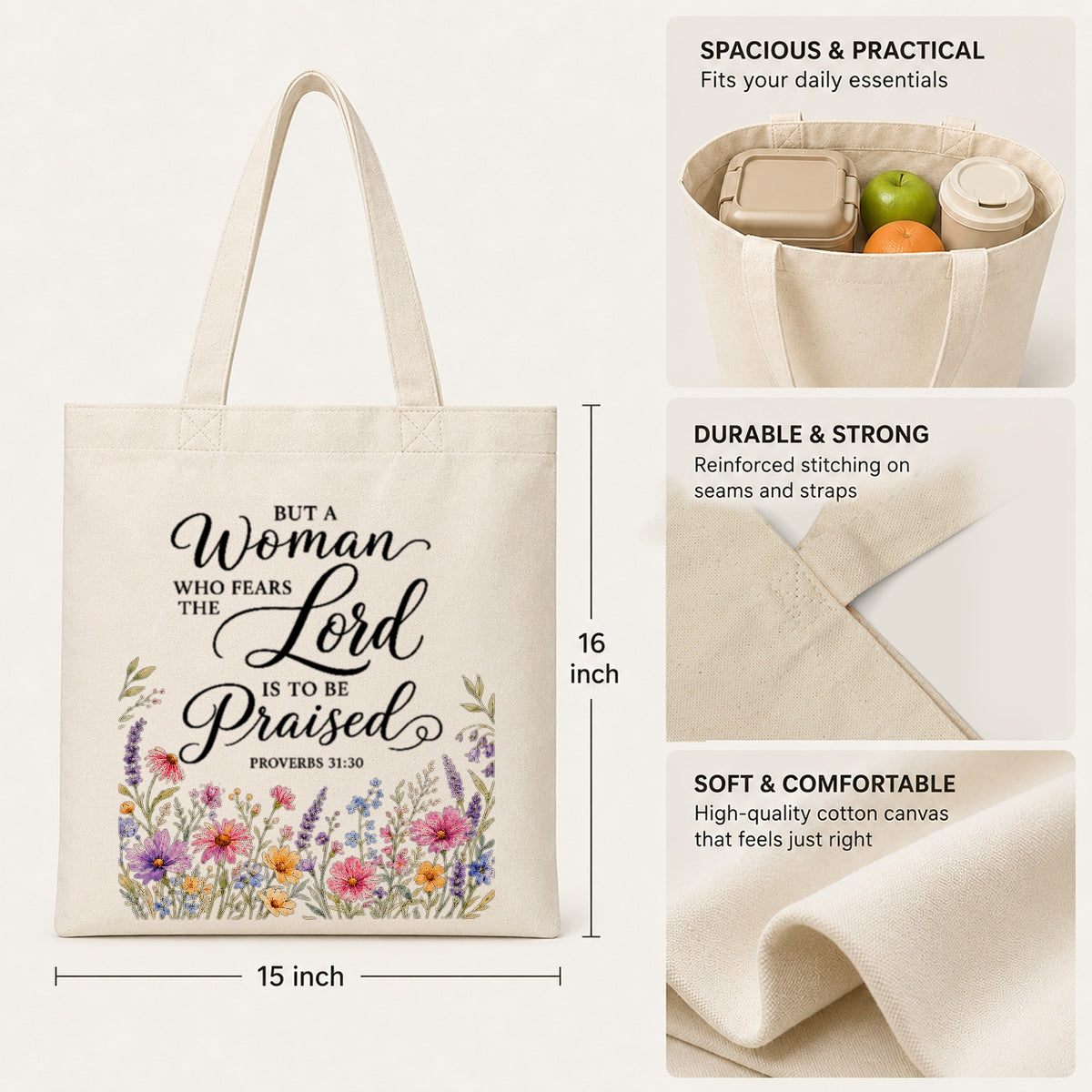 But A Woman Who Fears The Lord Is To Be Praised Proverbs 31 30 Floral Christian Tote Bag Bible Verse Faith Canvas Bag Gift For Women Church Shopping Beach | teecentury