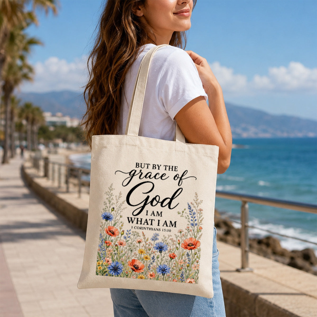 But By The Grace Of God I Am What I Am 1 Corinthians 15:10 Floral Christian Tote Bag For Women Bible Verse Canvas Bag Faith Religious Church Gift Shopping Beach | teecentury
