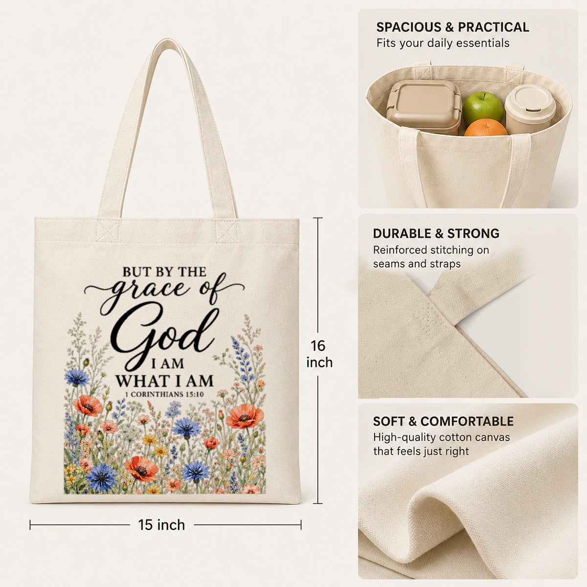 But By The Grace Of God I Am What I Am 1 Corinthians 15:10 Floral Christian Tote Bag For Women Bible Verse Canvas Bag Faith Religious Church Gift Shopping Beach | teecentury