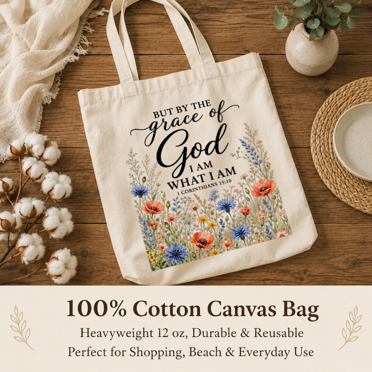 But By The Grace Of God I Am What I Am 1 Corinthians 15:10 Floral Christian Tote Bag For Women Bible Verse Canvas Bag Faith Religious Church Gift Shopping Beach | teecentury