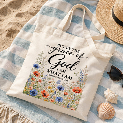 But By The Grace Of God I Am What I Am 1 Corinthians 15:10 Floral Christian Tote Bag For Women Bible Verse Canvas Bag Faith Religious Church Gift Shopping Beach | teecentury