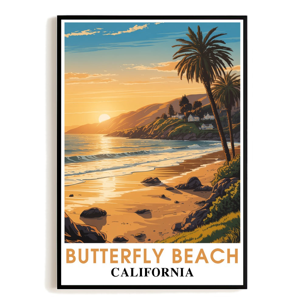 Butterfly Beach California Vintage Travel Poster Stunning Sunset Palms Coastal Waves Wall Art Landscape Print Ideal For Home Office Living Room Bedroom Decor Unframed | teecentury