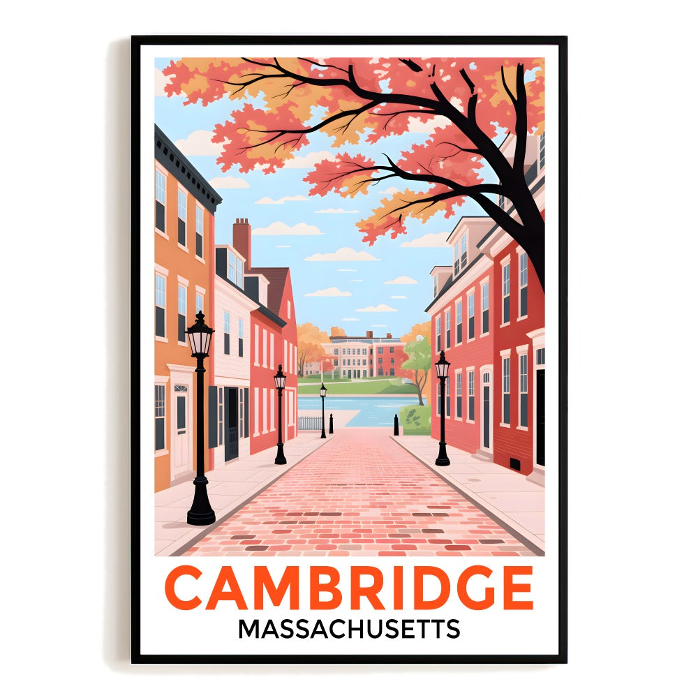 Cambridge Massachusetts Retro Travel Poster Fall Street Scene Hometown Souvenir Wall Art Landscape Print Painting Ideal For Home Office Living Room Decor Unframed | teecentury