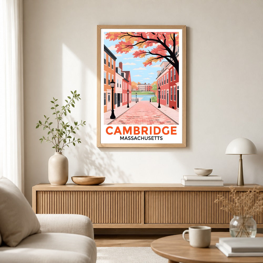 Cambridge Massachusetts Retro Travel Poster Fall Street Scene Hometown Souvenir Wall Art Landscape Print Painting Ideal For Home Office Living Room Decor Unframed | teecentury