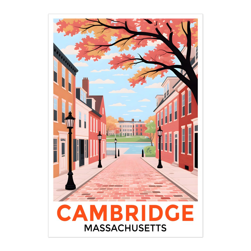 Cambridge Massachusetts Retro Travel Poster Fall Street Scene Hometown Souvenir Wall Art Landscape Print Painting Ideal For Home Office Living Room Decor Unframed | teecentury