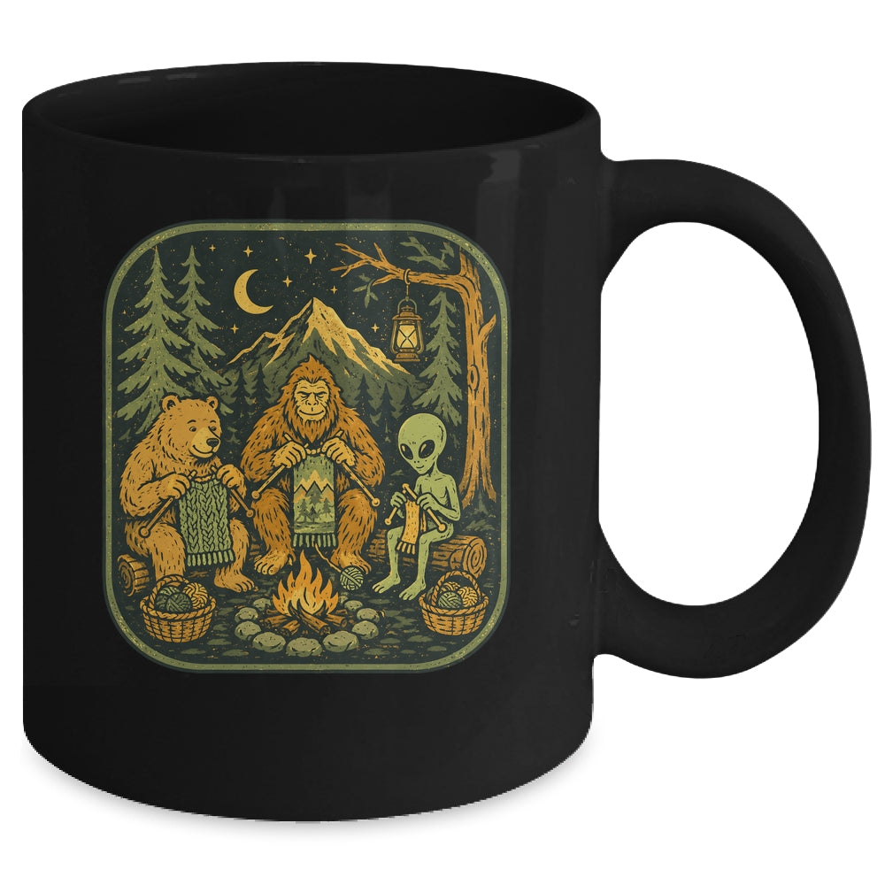 Campfire Knitting Friends Camping Retro Bigfoot Alien Bear Mug | teecentury