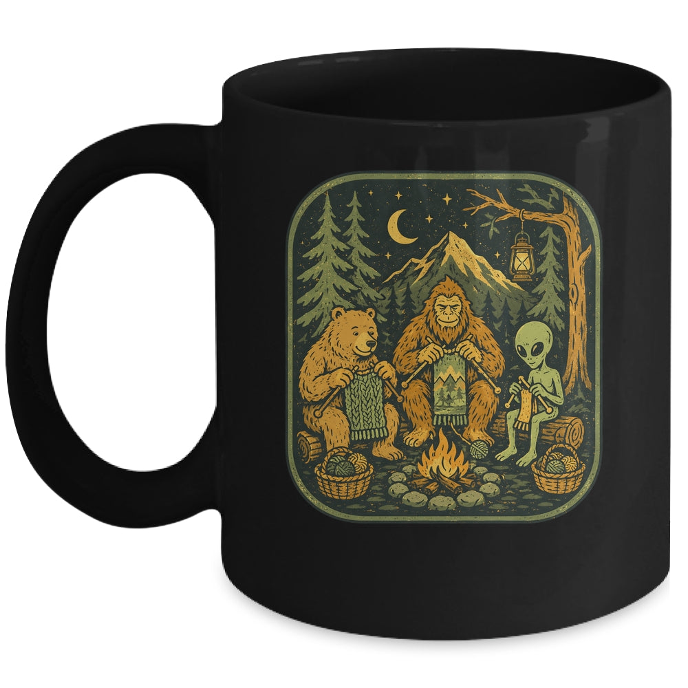 Campfire Knitting Friends Camping Retro Bigfoot Alien Bear Mug | teecentury
