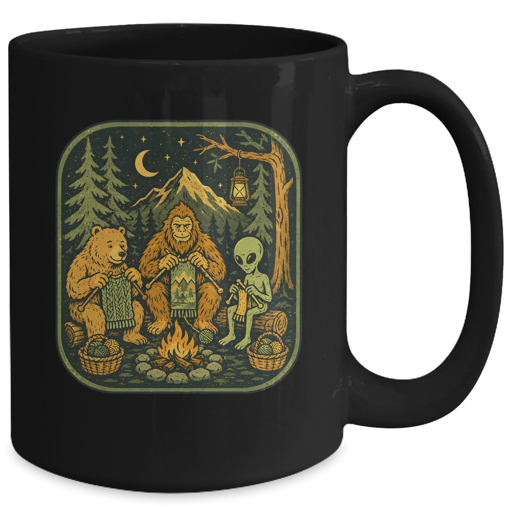 Campfire Knitting Friends Camping Retro Bigfoot Alien Bear Mug | teecentury