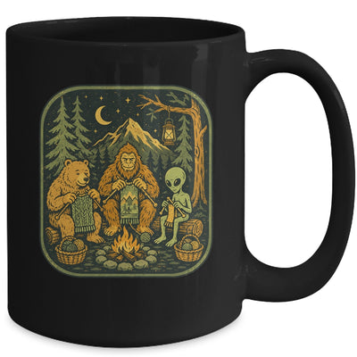 Campfire Knitting Friends Camping Retro Bigfoot Alien Bear Mug | teecentury
