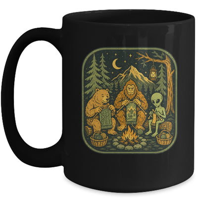 Campfire Knitting Friends Camping Retro Bigfoot Alien Bear Mug | teecentury