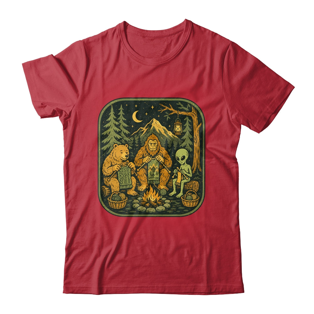 Campfire Knitting Friends Camping Retro Bigfoot Alien Bear Shirt & Hoodie | teecentury