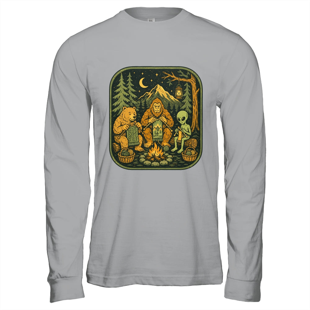 Campfire Knitting Friends Camping Retro Bigfoot Alien Bear Shirt & Hoodie | teecentury
